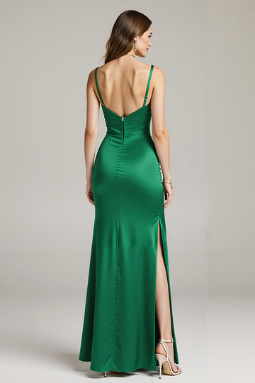 Robe longue formelle en satin vert sirène spaghetti bretelles